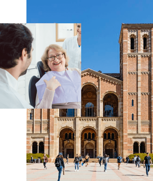 Overlapping images of a woman smiling at dentist and outside view of dental school building